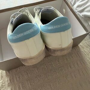 Golden Goose Cream and Blue Sneakers